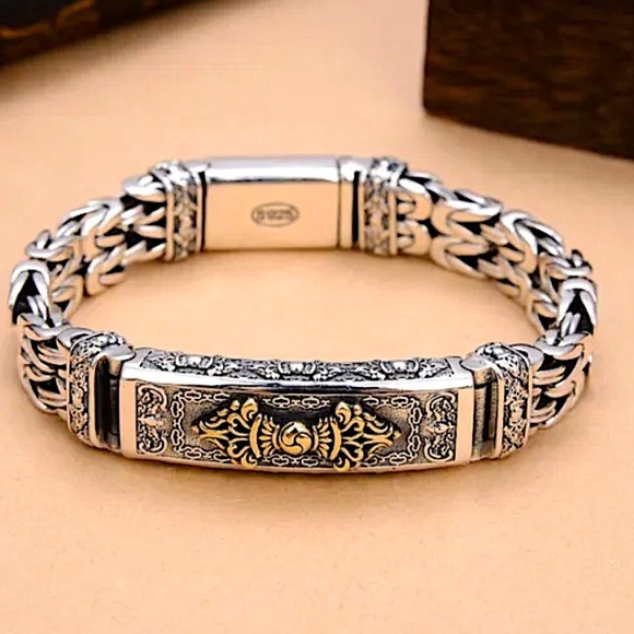 Stainless Steel Chain Link Bracelet, Mantra, Curb Hand Woven Engraved - Picture 2 of 6